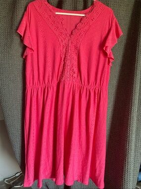 Bright Pink Eyelet Lace V-Neck Casual Dress